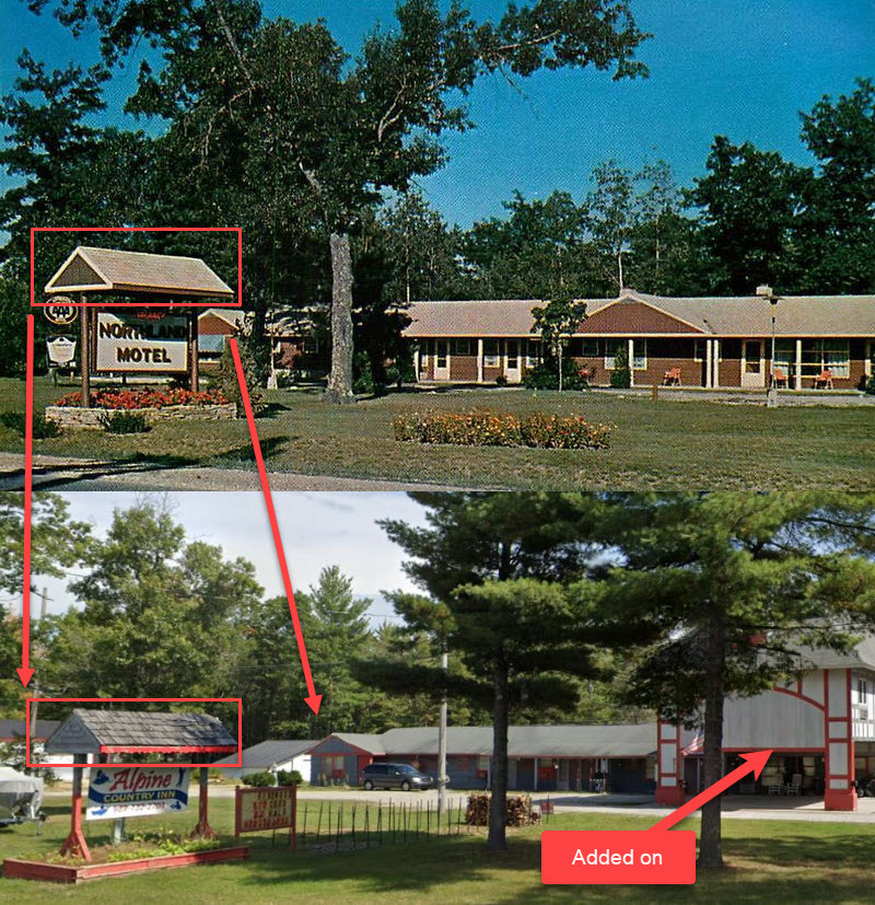 Alpine Country Inn (Northland Motel) - Postcard Vs Street View (newer photo)